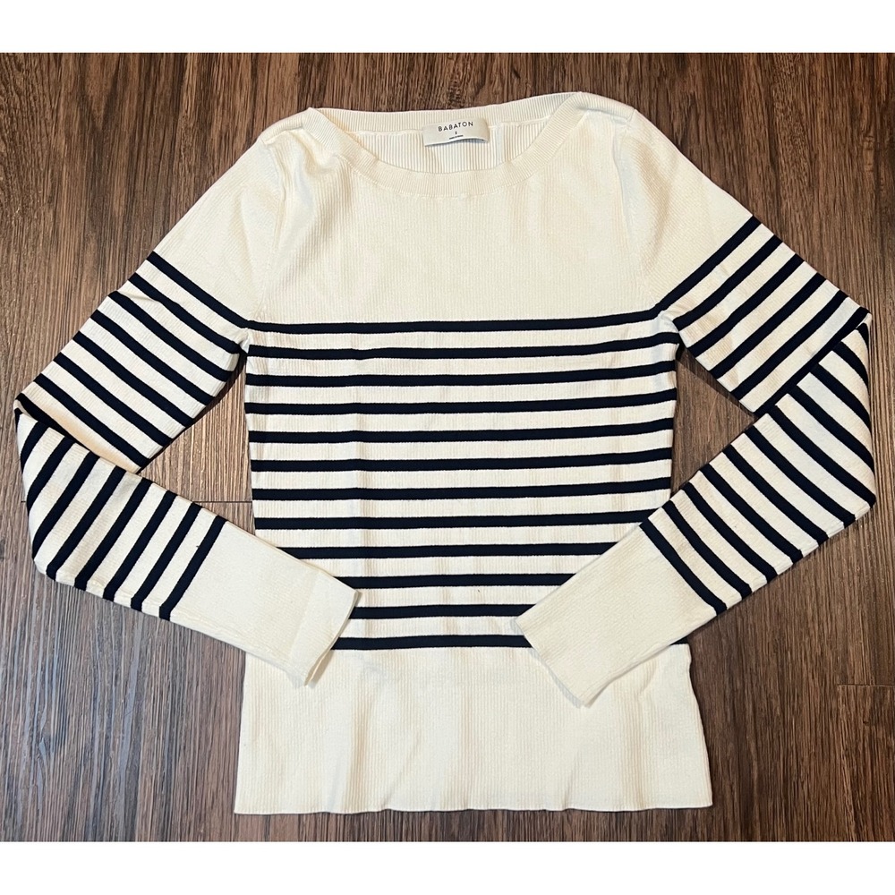 Babaton White Navy Striped Ribbed Knit Long Sleeve Boat Neck Top Small